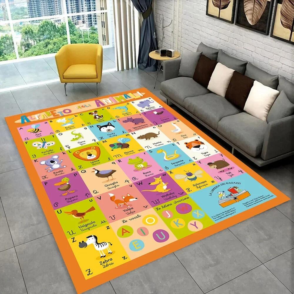 Cartoon Animal Alphabet Carpet Mat - Kids Educational Rug with Colorful Circular Patterns Non-Slip Living Room Home Decoration