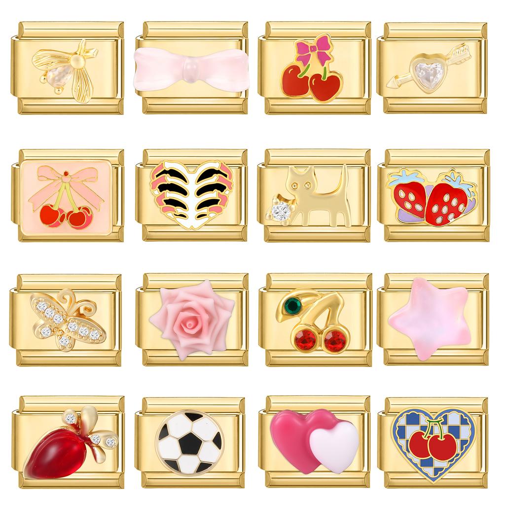 Sweet Cherry Strawberry Heart Flower Y2K Gold Color Italian Charm Links Fit 9MM Bracelet Stainless Steel Making DIY Jewelry