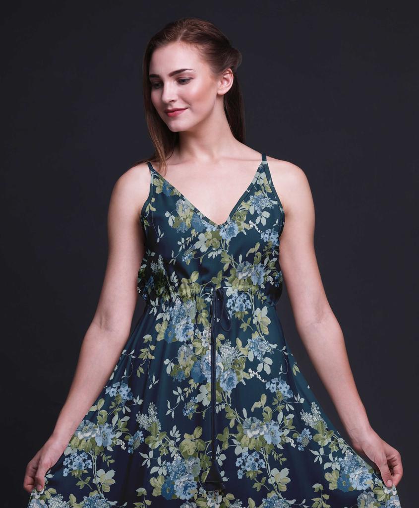 Bimba Floral Ladies Printed Resort Midi Drawstring Dress Spaghetti Strap Beach