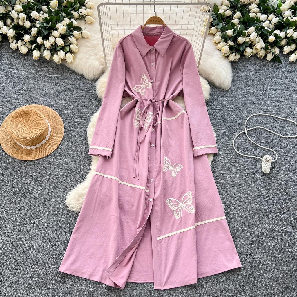 Elegant Butterfly Embroidered Polo-neck Vintage Long Sleeves Single Breasted Slim A-line Long Dress French High Street Clothing