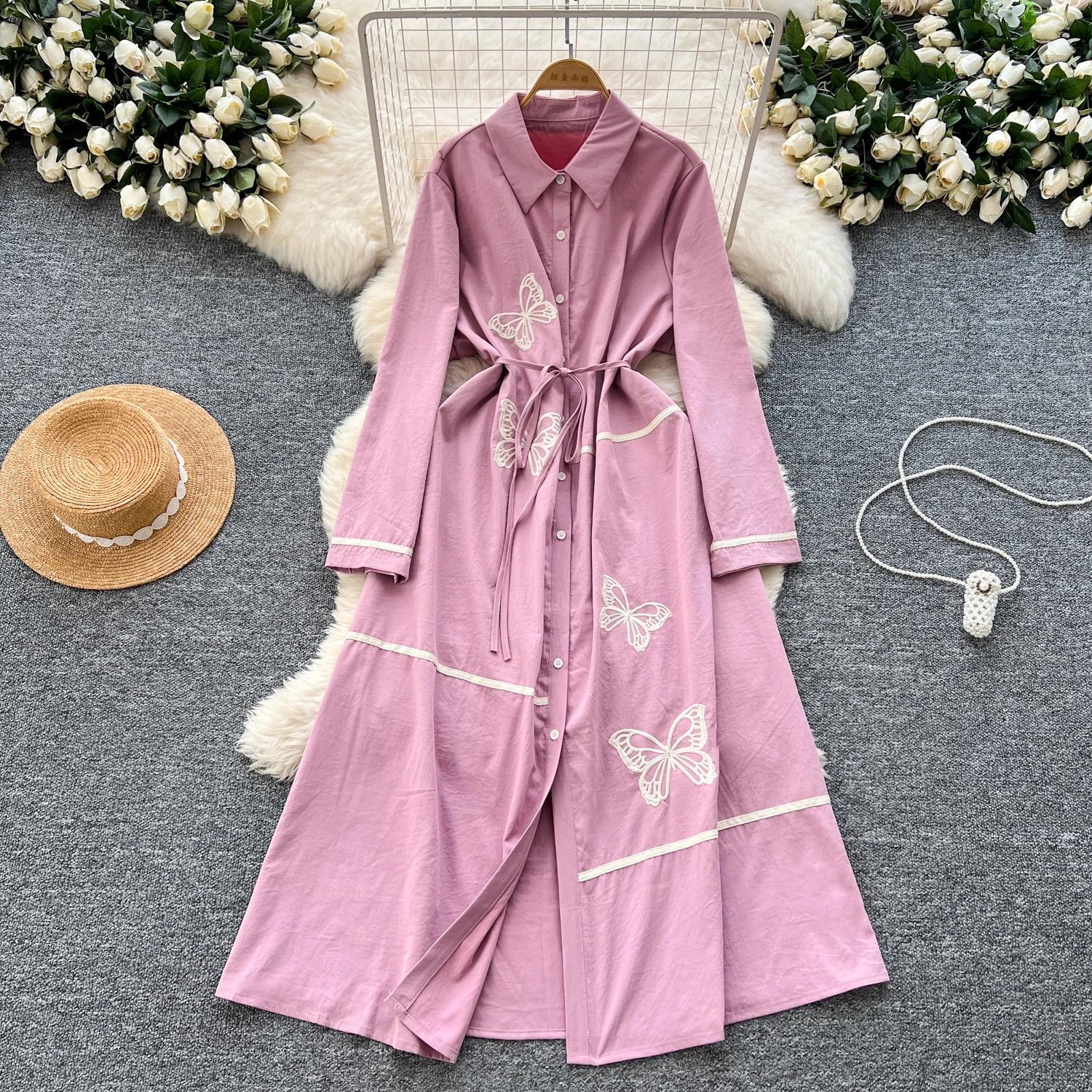 

Элегантный вышитый бабочкой воротник-поло винтажный длинный рукав однобортный тонкий А-силуэт длинное платье французская уличная одежда One Size розовый