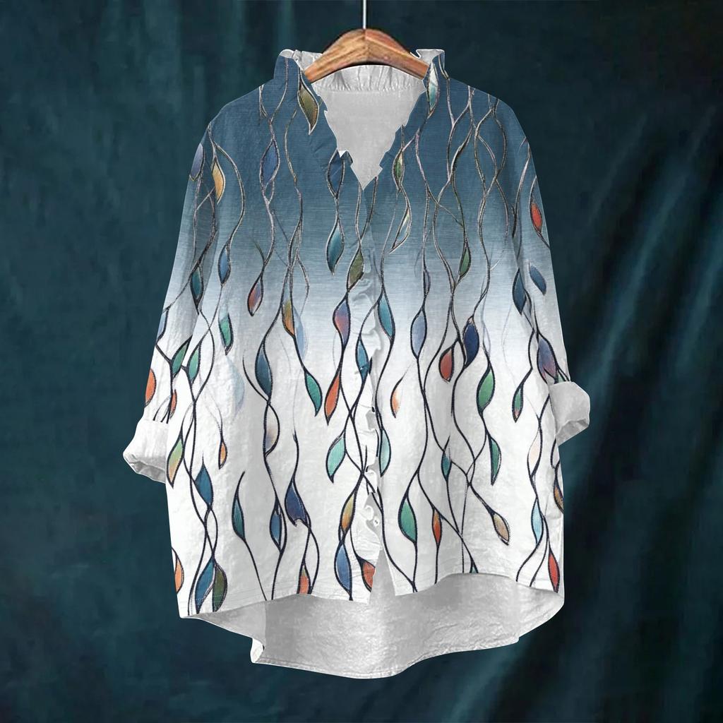 Women's Loose Ruffled Retro Floral Print Stand Collar Long Sleeve Cotton And Linen Top