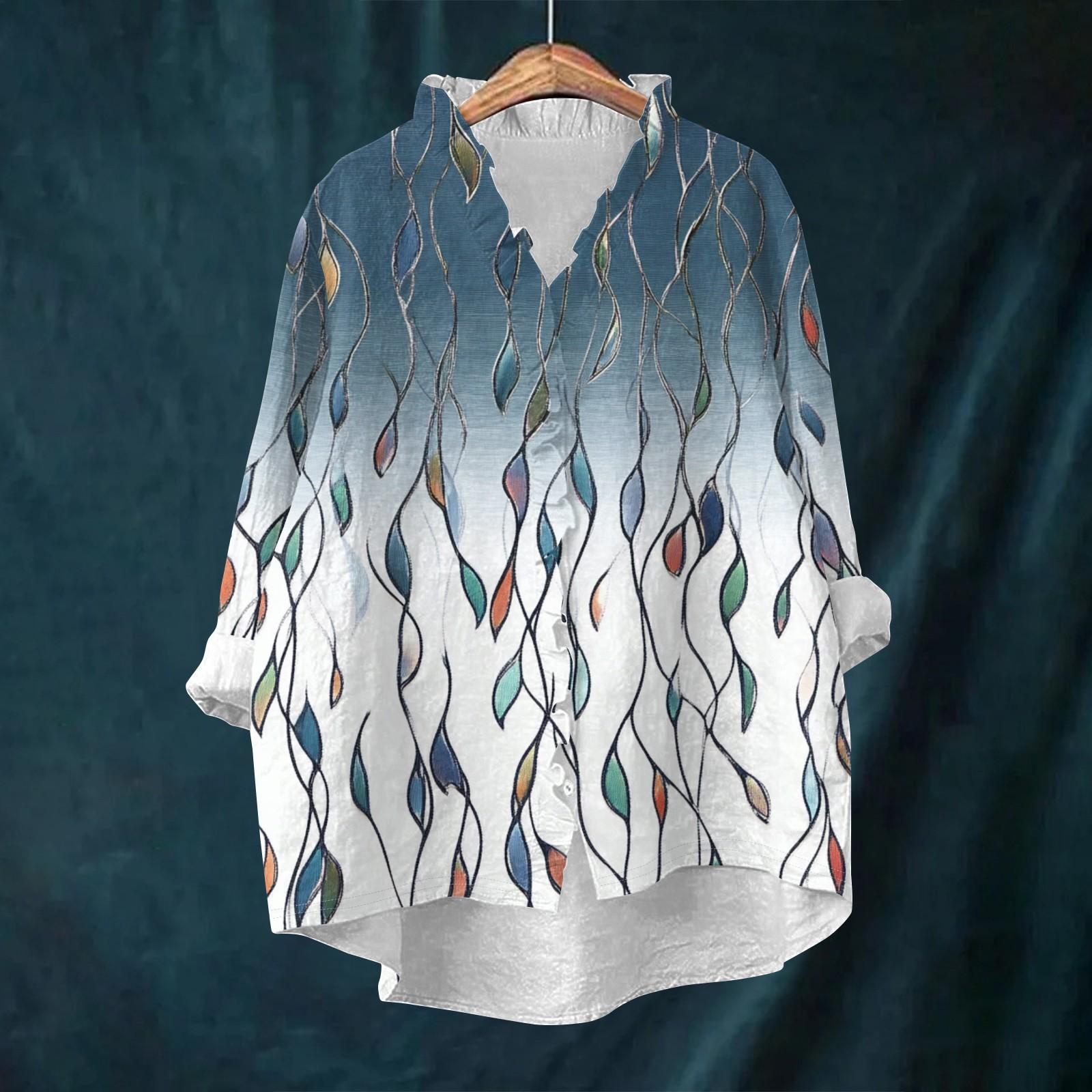 

Женский свободный топ с оборками, в стиле ретро, с цветочным принтом, воротником-стойкой и длинными рукавами, из хлопка и льна XXL циан