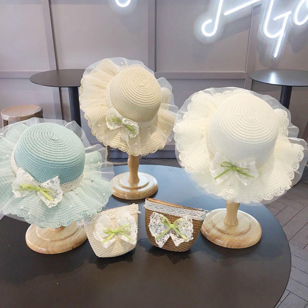 Wide Brim Children Straw Hat Lace Beach Bucket Cap New Beach Sun Hats  Beach