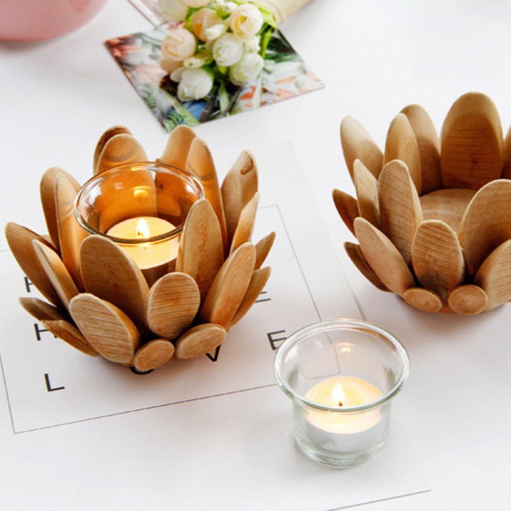 Durable Retro Wooden Petal Candle Holder Romantic Elegant Lotus Shape Candlestick Unique Creative Candle Stands Table Decoration