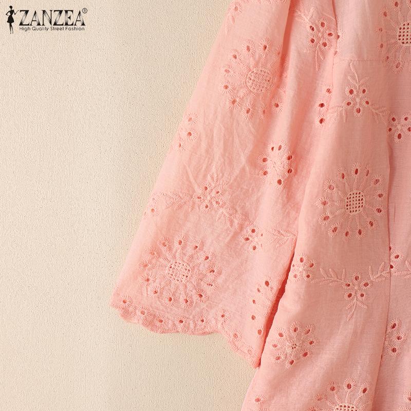 ZANZEA Women Casual Round Neck 3/4 Sleeve Loose Patchwork Crochet Blouse
