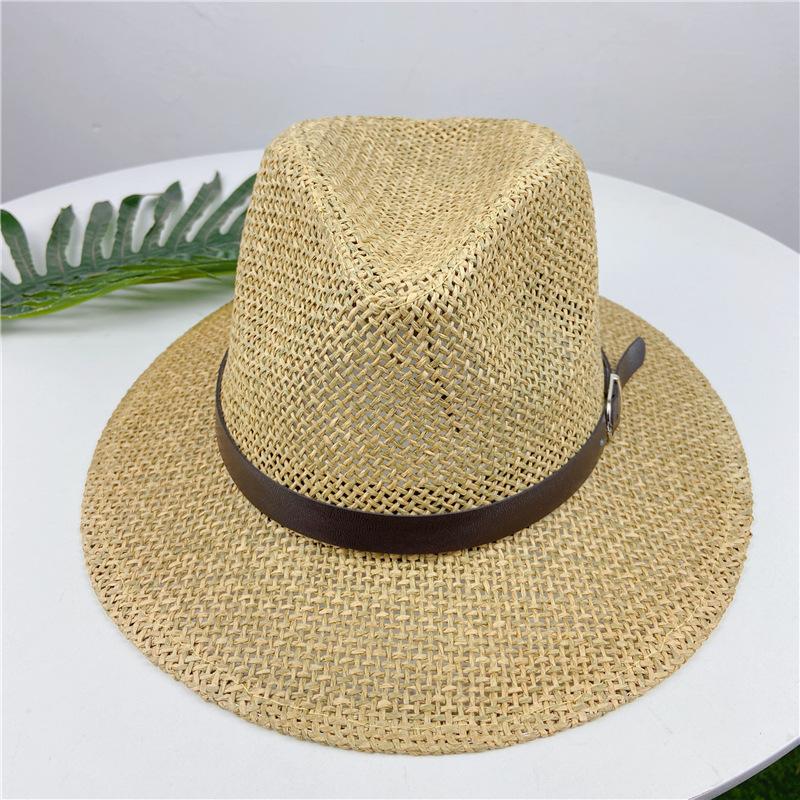 Summer Beach Leather Button Straw Hat Sun Hat Men's British Versatile Women's Hollow Sun Couple Jazz Hat