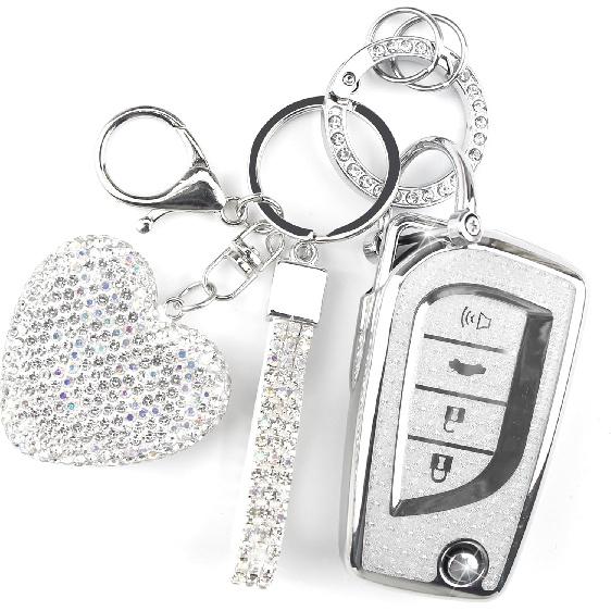 Key Fob Cover with Diamond Keychain, Car Key Holder Compatible with Toyota Avalon Camry Corolla Fortuner Highlander Levin Rav4 Sequoia Sienna Tacoma