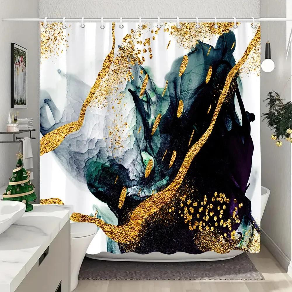 Blue Gold Textured Marble Shower Curtain Black White Natural Art Pattern Polyester Fabric Washable Shower Curtain Bathroom Dec