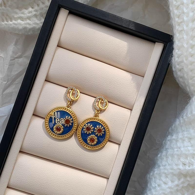 Vintage Srebrne Kolczyki Okrągłe z Diamentami i Kroplami Oleju: Retro, wykwintne i luksusowe dla kobiet