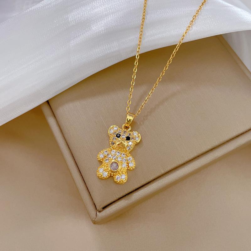 Full Diamond Bear Light Luxury Temperament Full Diamond Necklace Women'S Versatile Collarbone Chain Titanium Steel Chain