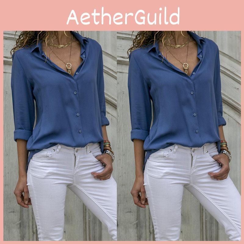 Timeless Solid Color Womens Long Sleeve Office Blouse Dress Shirt