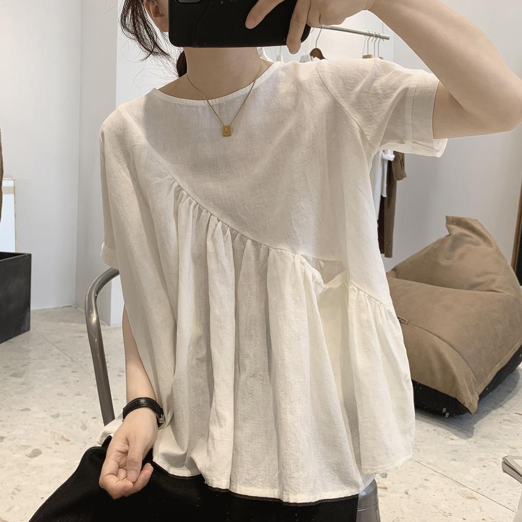 Irregular Cotton and Linen Shirt for Women in Summer Loose Round Neck Short Sleeved Shirt