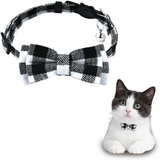 Dog Cat Collar Bowtie Breakaway Adjustable Cat Collar with Bow Tie for Cat Black and White Bow Tie Collar for Cats Dog with Bell Collar for Small