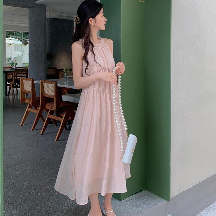 Summer loose pleated large skirt medium and long skirt small holiday style sleeveless neck dress women