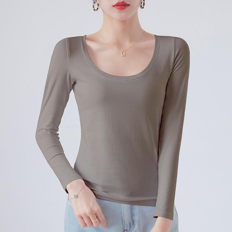 Cotton Crew Neck Slim Fit Long Sleeve Tshirt With Solid Color For Casual Wear