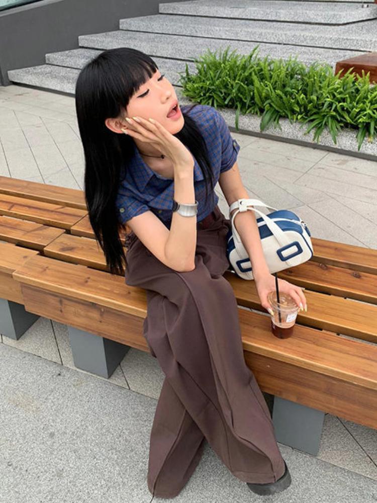 Estetică, vintage, retro, cămăși în carouri, pentru femei, Y2k, vară, cu un singur piept, pentru birou, bluze pentru femei, coreeane, casual, subțiri, topuri