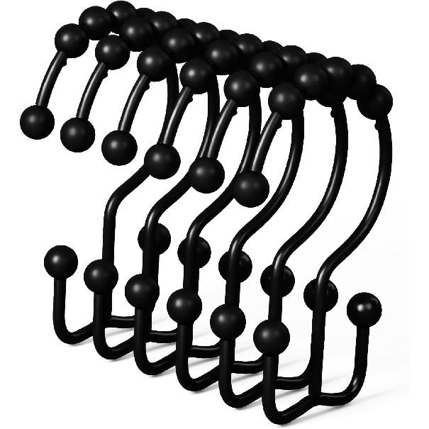 DAWNER Shower Curtain Hooks, Rust Proof Metal Easy Glide Double Rings, Stainless Steel Hangers for Bathroom Curta, Set of 12, Brushed Nickel Double Hooks