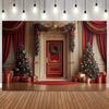 Luxurious Christmas Photography Background Multicolor Door Windows Red Curtain Xmas Tree Wreaths Indoor Scene Decor Backdrop