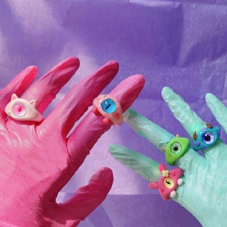 9Pcs Funny Resin Open Finger Ring Cartoon Little Monsters Eyeball Ring Unique Irregular Ring Fashion Jewelry Decoration