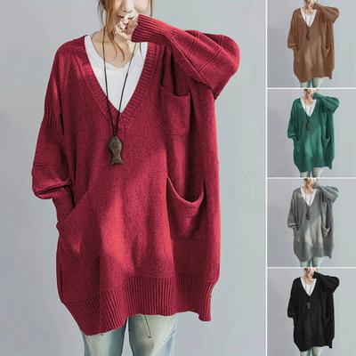 Women Sweater V-Neck Long Sleeve Sweater with Pockets Solid Color Loose