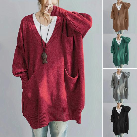 Women Sweater V-Neck Long Sleeve Sweater with Pockets Solid Color Loose Fit Long Hem Knitting Tops Autumn Winter Wear