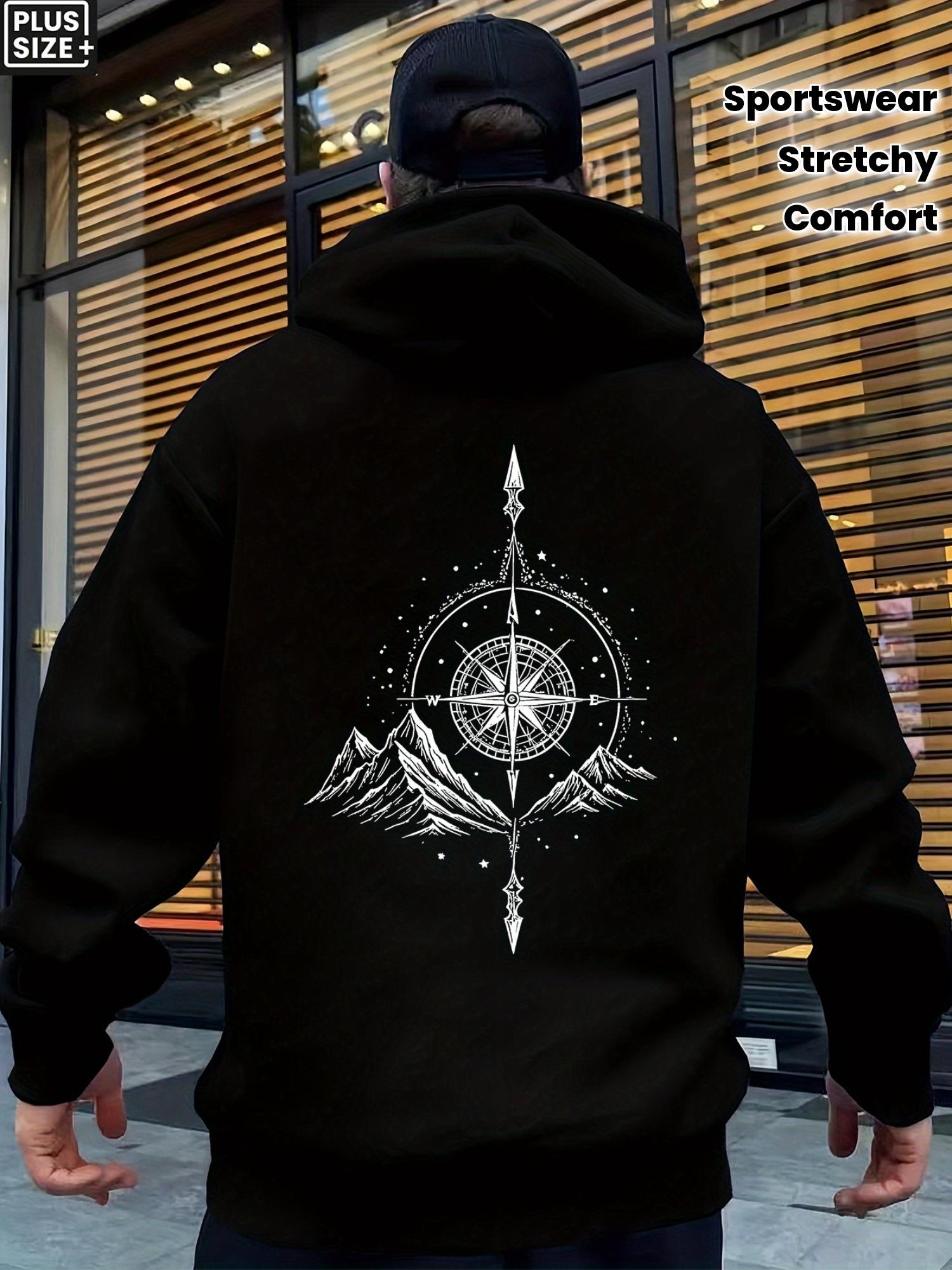 

Men s Hoodie - Pullover with Adventure Patterns, Compass Rose and Mountains - Black and White Outdoor Adventure Sweatshirt 3XL