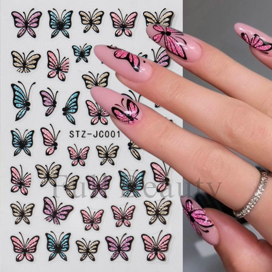 Nail Art Sticker, Pink, Blue, Yellow Glitter, Butterfly Imitation Hand-Painted Lines, Butterfly Nail Sticker.