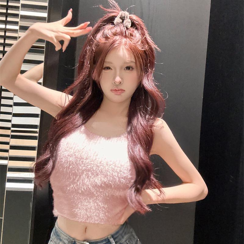 

Женский однотонный топ-майка с U-образным вырезом из плюша, короткий трикотажный топ One Size розовый