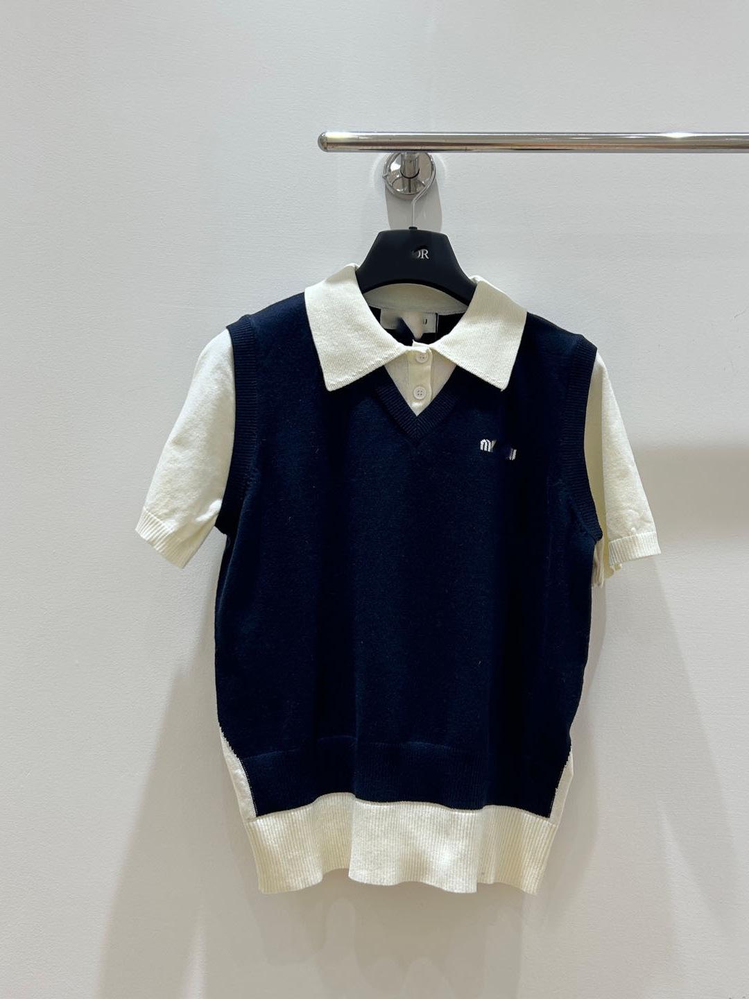 

Весенне-летний милый омолаживающий костюм-двойка с отложным воротником, вязаный из шерсти, женский топ с коротким рукавом Large темно-синий