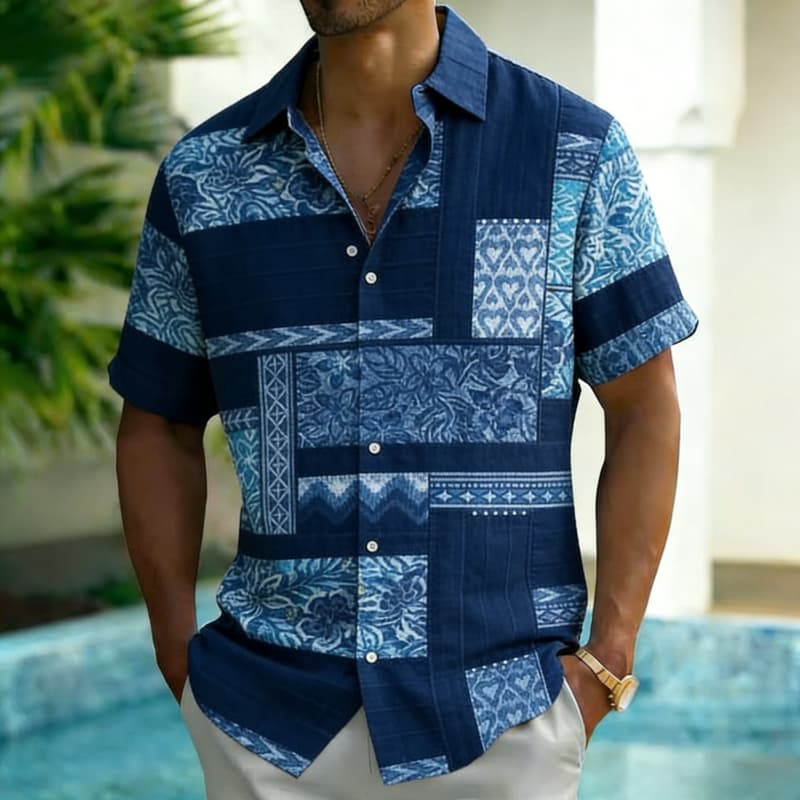 Men's Fashion Ethnic Print Short Sleeve Button Down Shirt Trendy Summer Style For Vacation Party Gathering Daily Commute