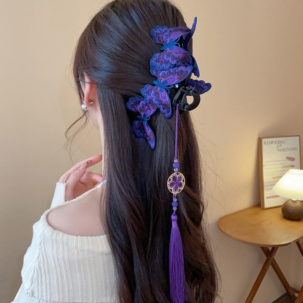 Elegant Shark Jaw Clip Chinese Style Handmade Embroidered Butterfly Hair Clip Tassel Design Retro Barrette Headband