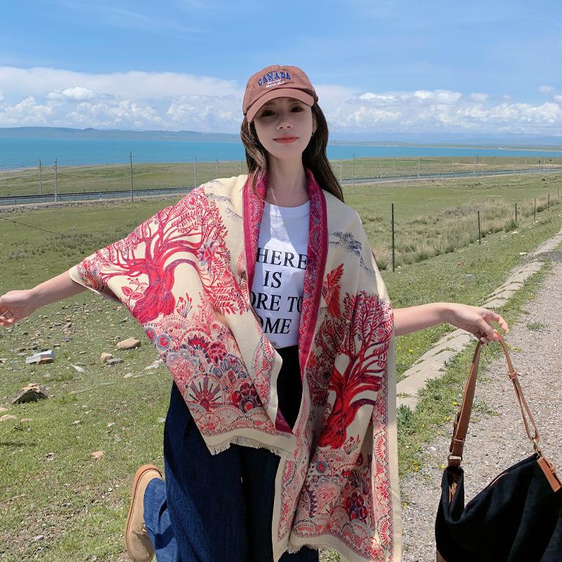 Retro Ethnic Style Scarf Cloak Tibet Xinjiang Travel Autumn and Winter Warm Shawl Thickened Scarf Women's Versatile Outer Wear