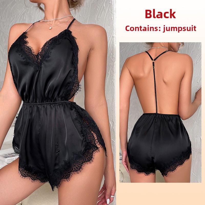 Sexy Temptation Suspender Tílko Šortky Pyžamo Jednodílné ledové hedvábné pyžamo Loungewear s límečkem