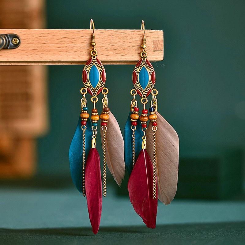 Classic Bohemia Feather Dangle Earrings for Women Fashion Long Colorful Enamel Handamde Earring Female Party Wedding Jewelry