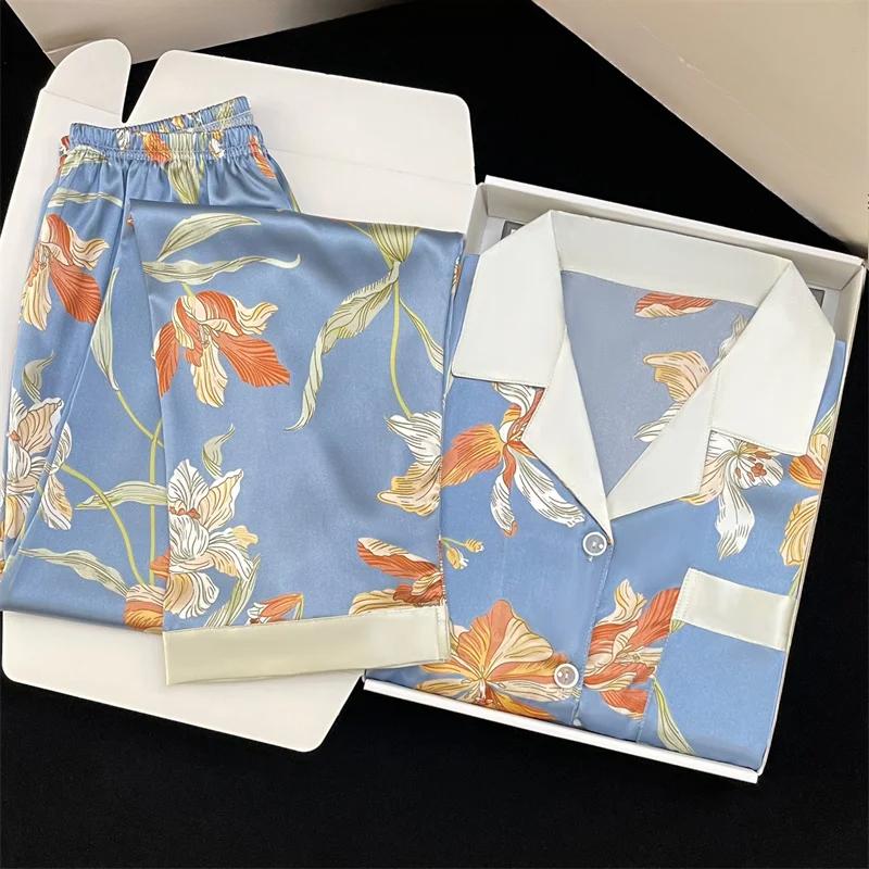 

Новый Ice Silk Soft Sleepwear женский кардиган с лацканами комплекты для женщин 2 предмета модный принт цветочный спальная одежда для женщин L