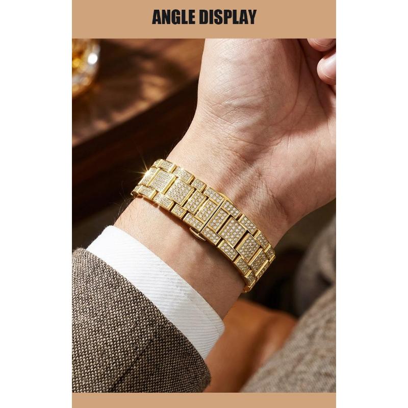 Luxury Gold Iced Out Men's Quartz Watch Rainbow Bezel Full Diamond Dial Hip Hop Bling Wristwatch for Men