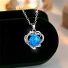 Female Crystal Blue Opal Stone Pendant Love Heart Necklace Vintage Big Round Silver Color Wedding Jewelry For Women