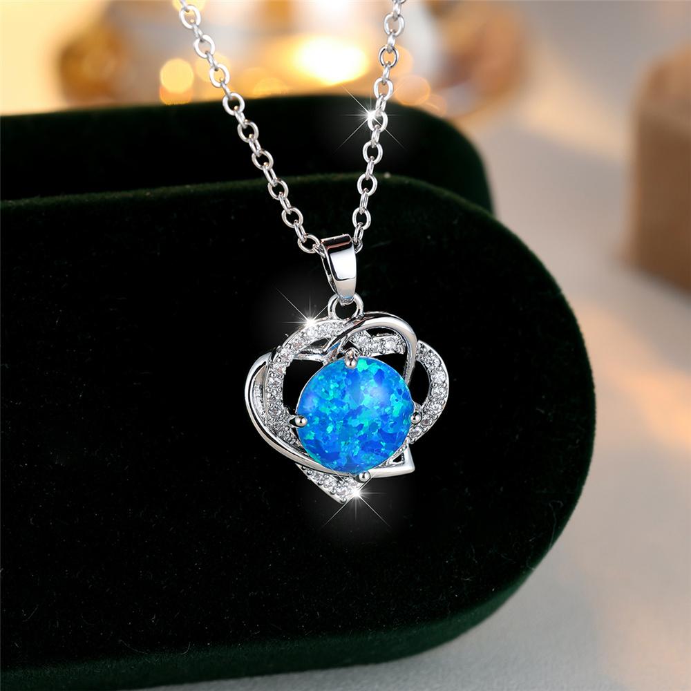 Female Crystal Blue Opal Stone Pendant Love Heart Necklace Vintage Big Round Silver Color Wedding Jewelry For Women
