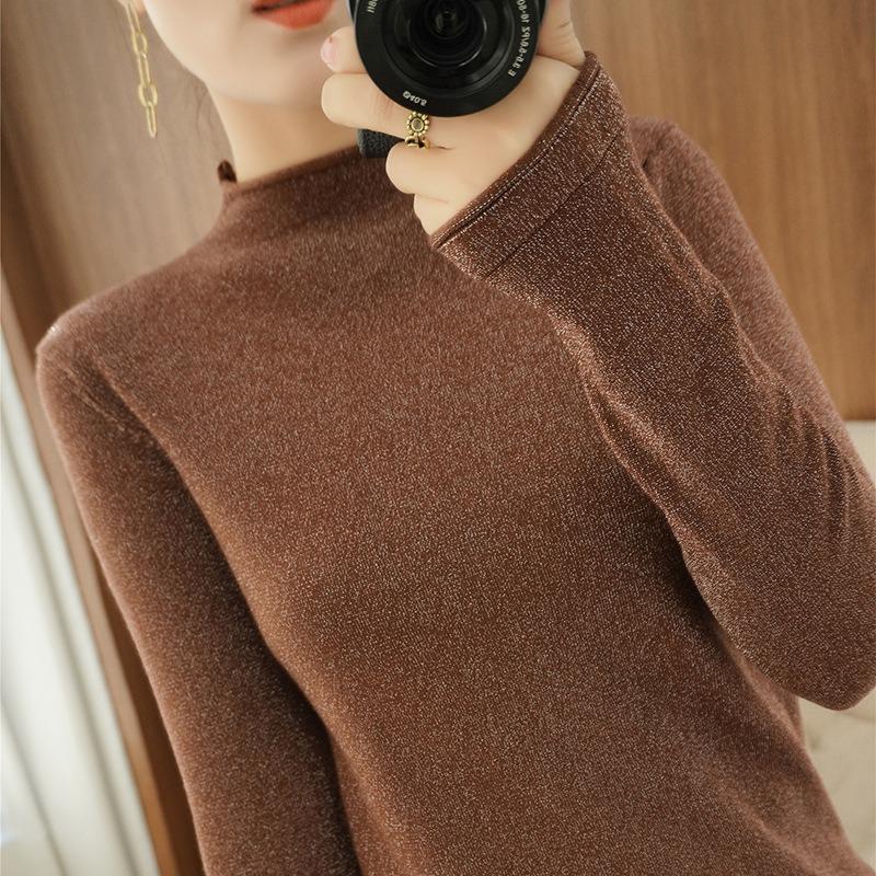 Spring and Autumn New Women's Knitted Sweater Winter Half High Neck Bright Silk Bottom Sweater Loose Women's Sweater