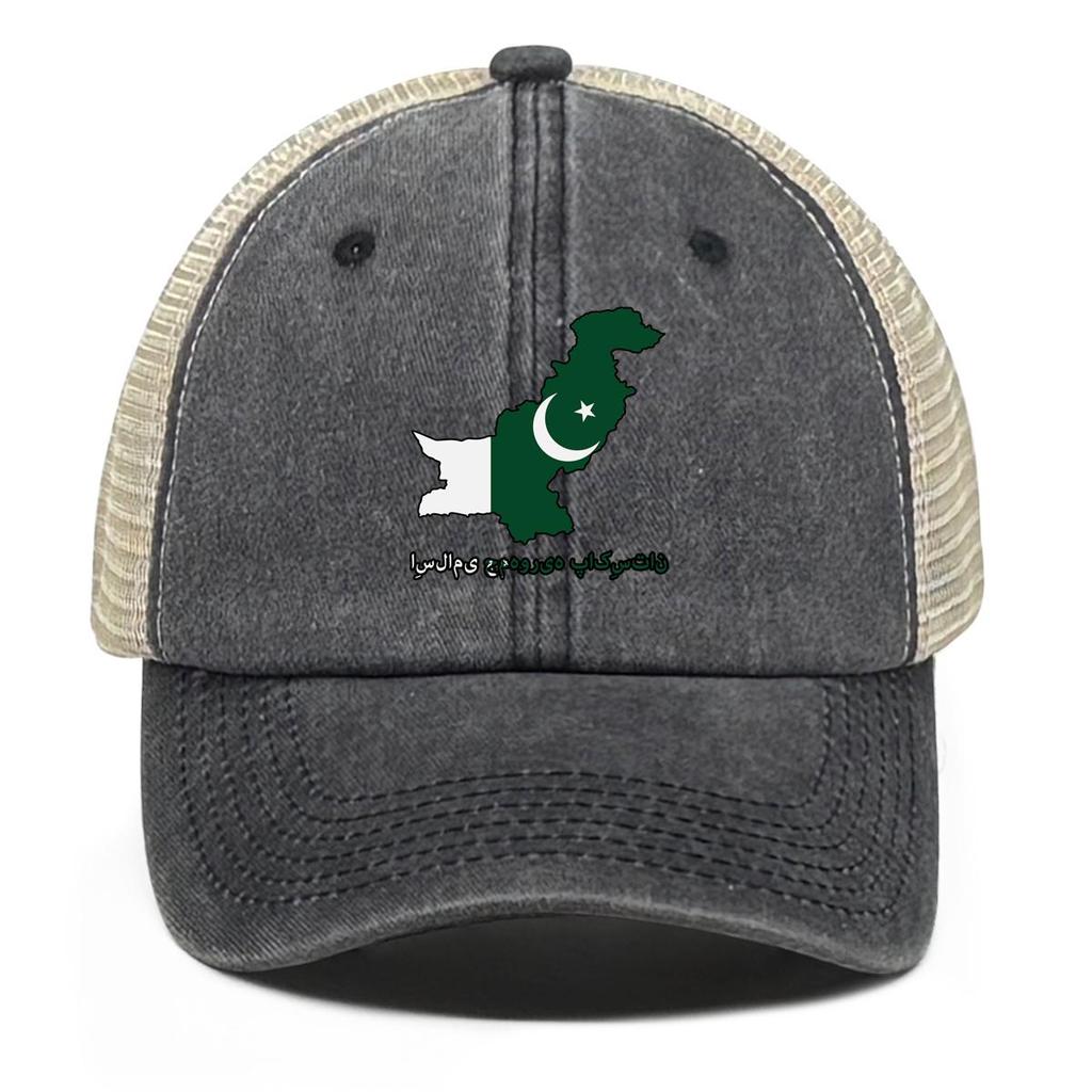 Map Flag of Pakistan Print Snapback Trucker Hat, Patriotic Dad Hat Polyester Solid Color Casual Sun Visor Adjustable Mesh Cap