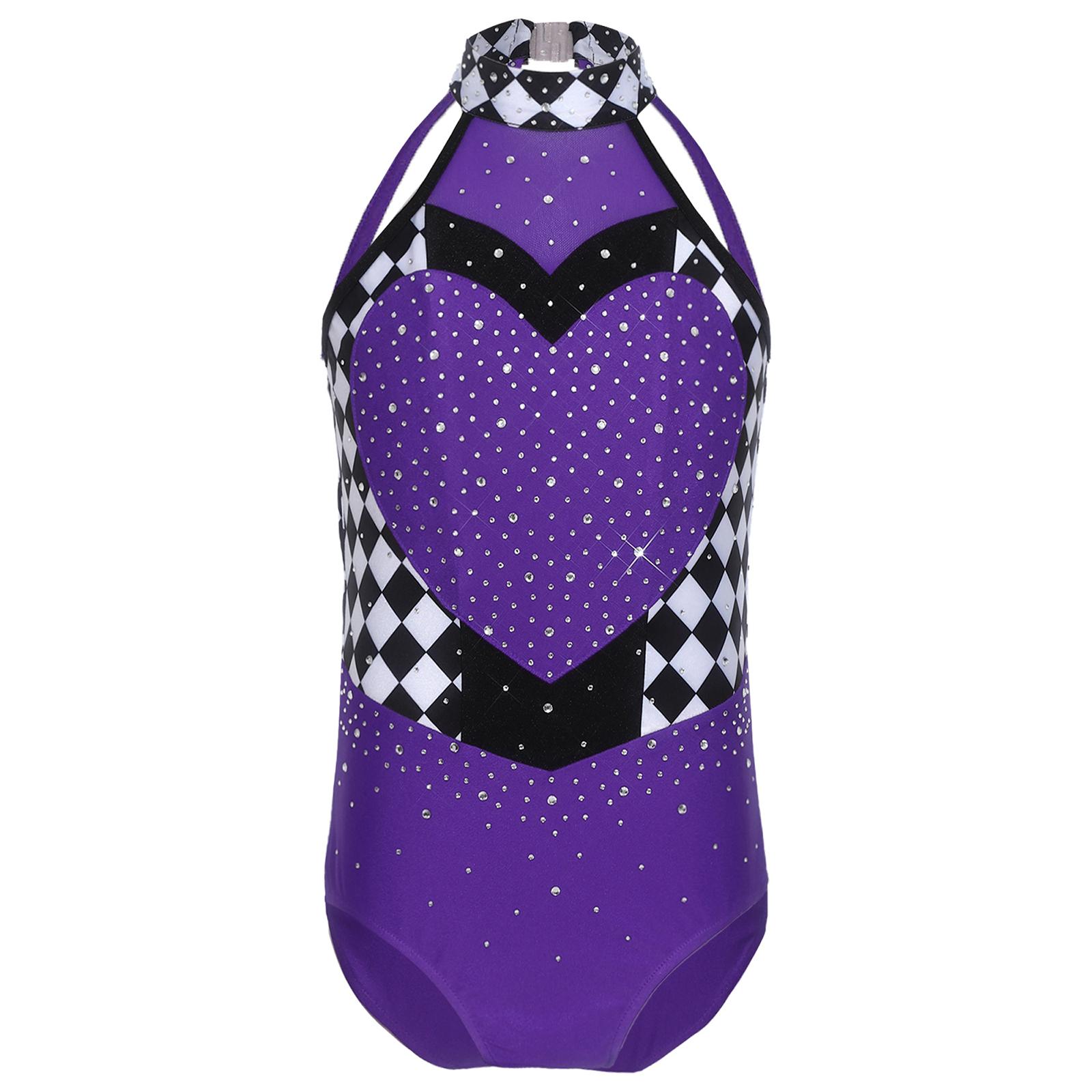 

Girls Heart Queen Dress Up Costume Shiny Rhinestones Patchwork Halter Sleeveless Contrast Color Bodysuit 7-8 Years фіолетовий
