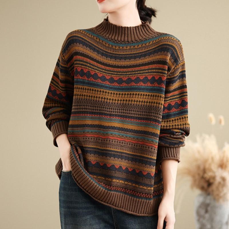 Johnature Casual Pullover Long-sleeve Sweater Half-high Collar Ethnic-style Print Winter Knitted Pullover Women Sweater