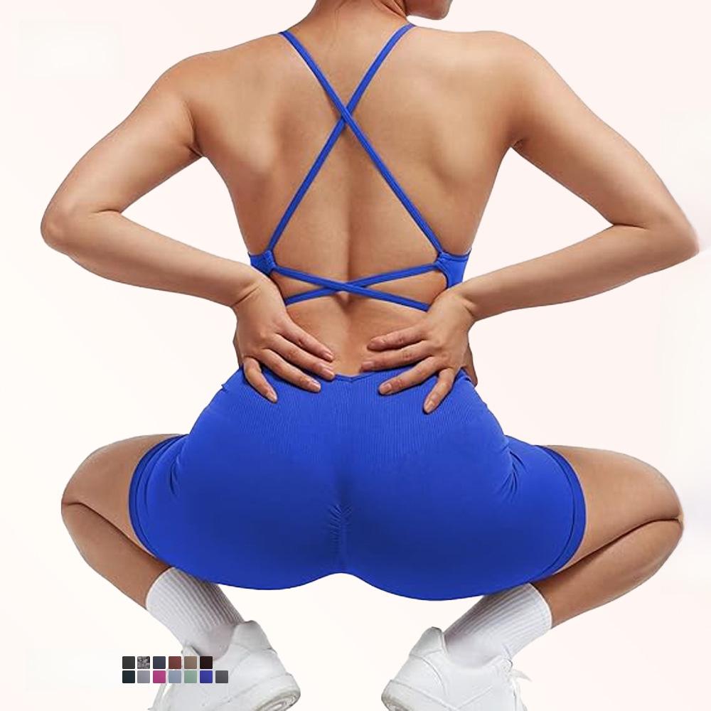 Nahtloser Yoga-Anzug mit Brustpolster - Damen Einteiler Fitness-Shorts & Schönes Rückendesign