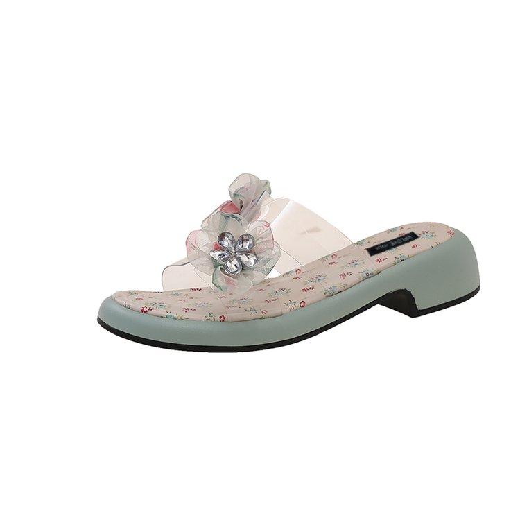 Summer Block Heel Flip Flops Summer New Round Head Sequin Flower Open Toe Soft Bottom Non-Slip Cool Mopping