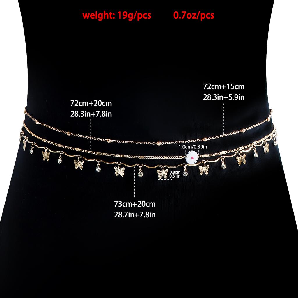 European and American summer sexy multi-layer metal waist chain, fashionable fringed butterfly rhinestone flower body chain