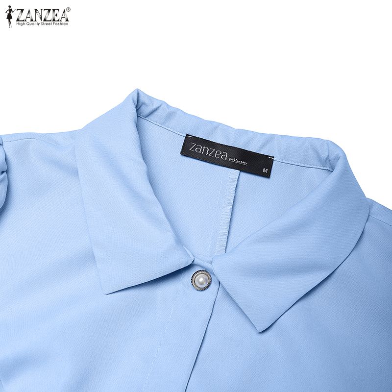 ZANZEA Women Casual Turn Down Collar Short Sleeve Pleated Dress