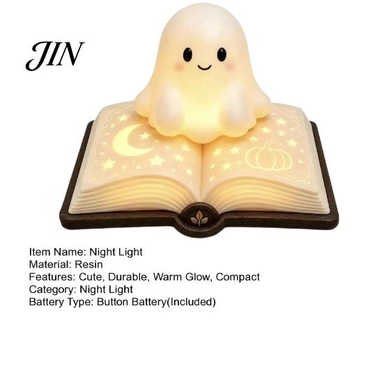Durable Small Table Lamp Magic Book Ghost Night Light, Resin Tabletop Warm Glow with Moon Soft Yellow Light Star Relief, Cute Bedside Sleeping