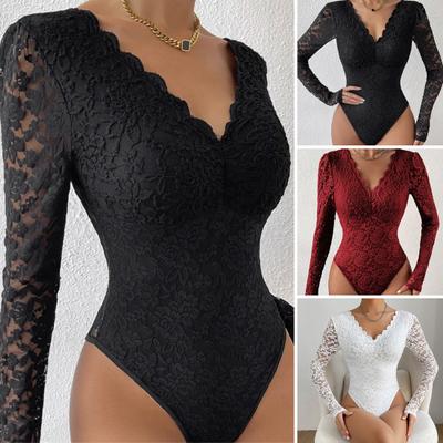 Dámske body Kvetinová výšivka Čipka Elastická Hlboký výstrih do V Priehľadný Dlhý rukáv Jednofarebný Slim Fit Mäkká priedušná jarná kombinéza