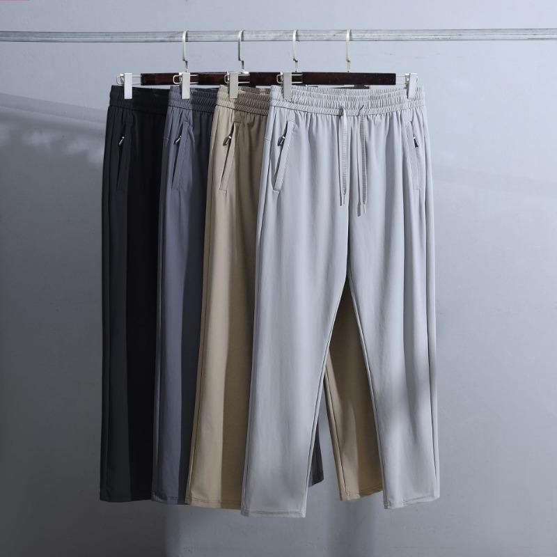 Men Ice Silk Drawstring Waist Zipper Pocket Straight Leg Casual Pants